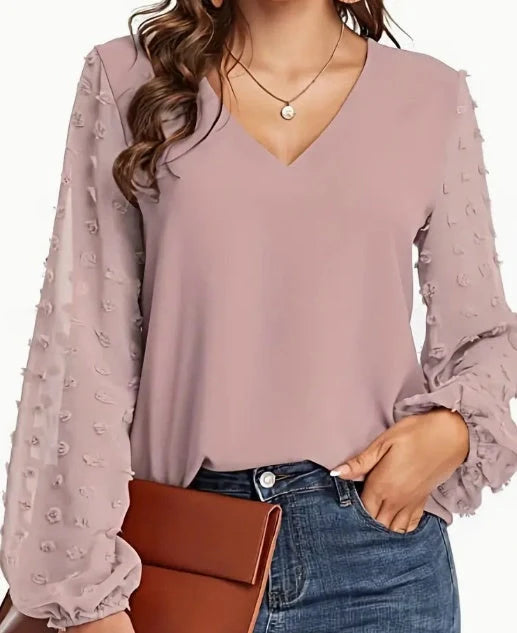Women's Swiss Dot V-Neck Shirt in soft, breathable polyester for spring and autumn wear