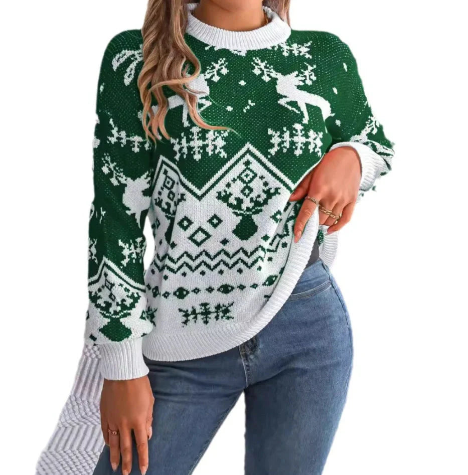2025 Autumn Winter Deer Pattern Long Sleeve Hoodie for Women in red and green