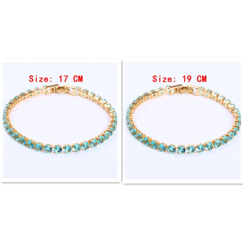 Luxury cubic zirconia tennis bracelet for women and men, available in multiple colours and sizes.