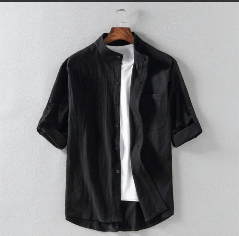 Men's linen stand collar loose shirt in cotton available in white, black, and green