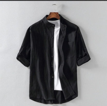 Men's linen stand collar loose shirt in cotton available in white, black, and green