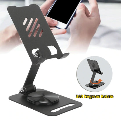 Adjustable 360-degree rotating metal desk phone and tablet stand in black, white, and silver colours