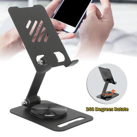 Adjustable 360-degree rotating metal desk phone and tablet stand in black, white, and silver colours