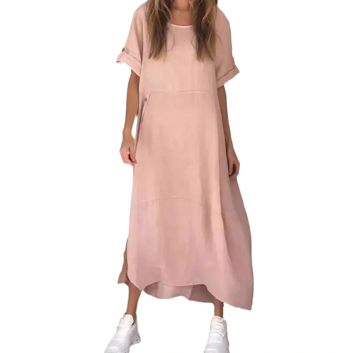 Loose casual short sleeve dress in cotton and linen with 3D effect, available in multiple colours
