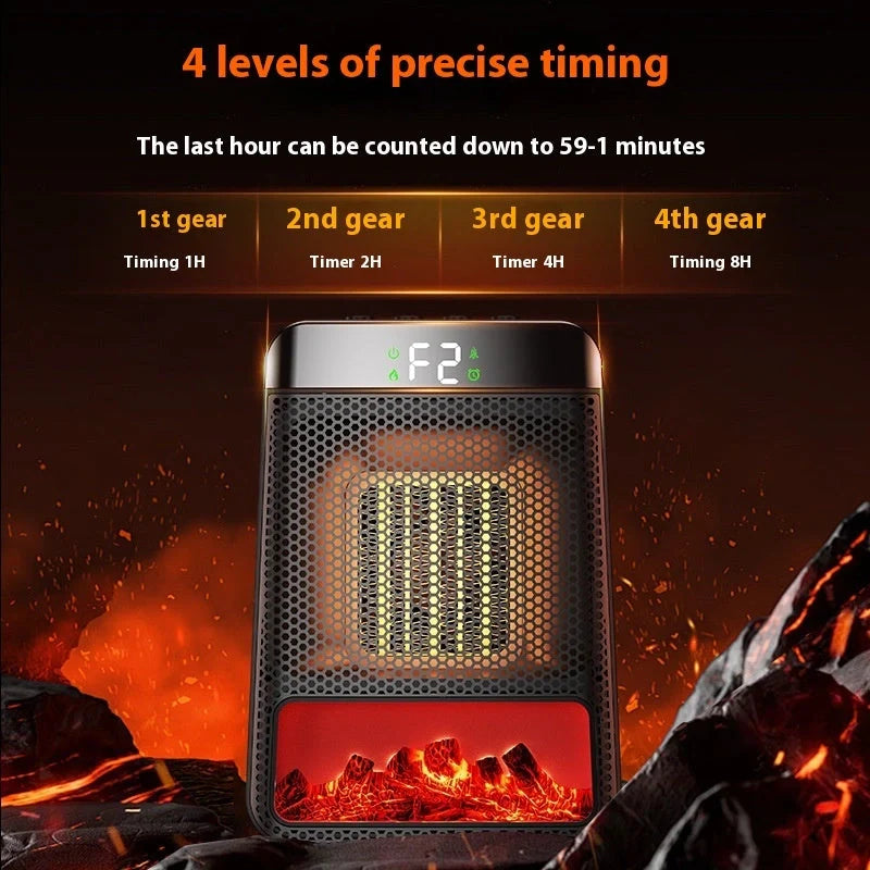 Portable fan heater with 3D dynamic flame effect and 1500W PTC fast heating