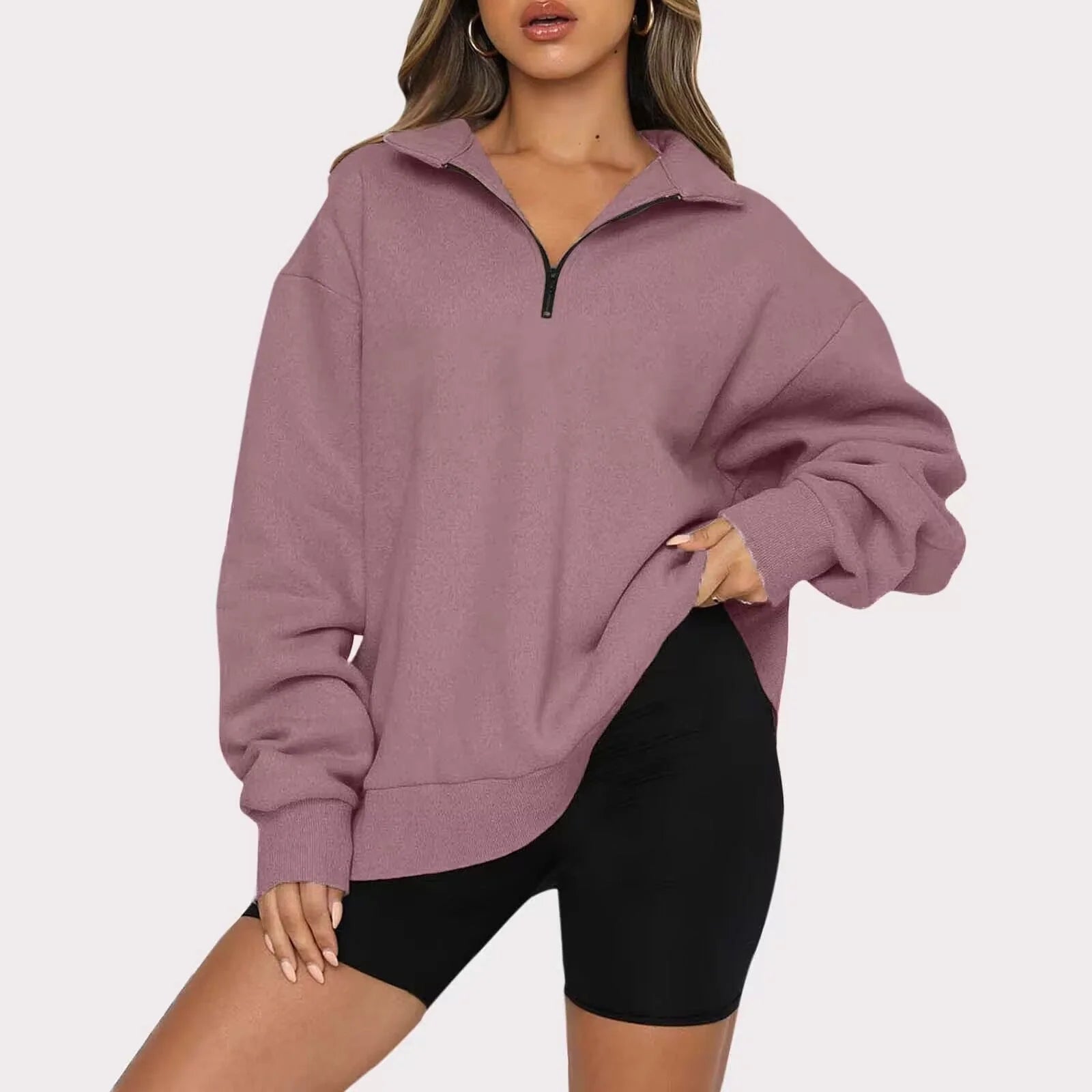 Women's zip turndown collar loose casual sweatshirt in various colours