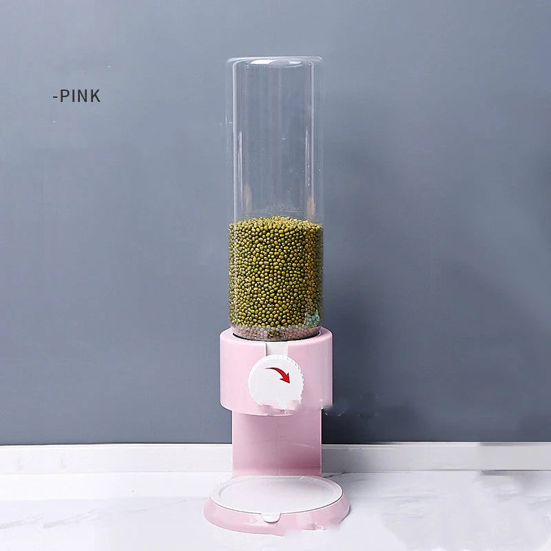 Airtight food storage bottles in white, blue, black, and pink, with transparent body and sealing lid