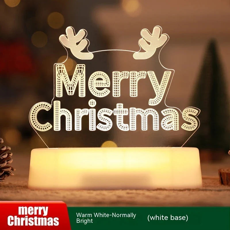 3D acrylic Christmas lights with various holiday-themed designs, including Christmas trees, elks, and Christmas dwarfs, providing warm, ambient lighting.