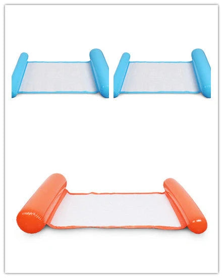 Inflatable water lounge chair in blue, floating in pool with hammock-style design