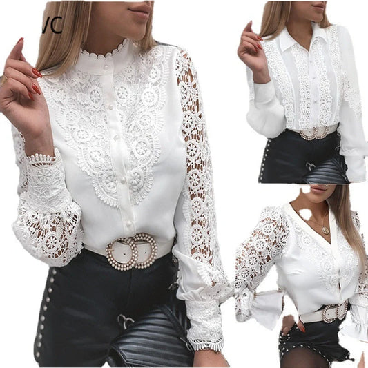 Women's lace long sleeve V-neck button shirt with floral panel and lace flare sleeves