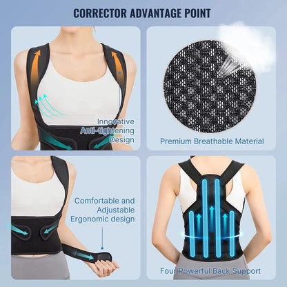 Invisible Back Posture Correcting Support Belt in Black with Breathable Mesh Design