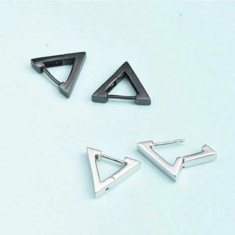 Stainless steel triangular hoop earrings in white, black, and gold options