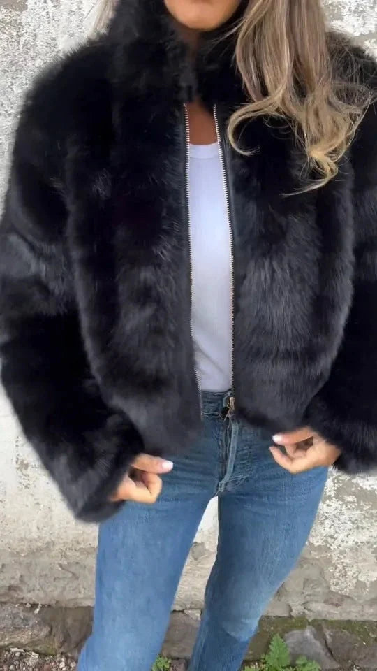 Women's winter stand collar zipper fleece jacket in faux fur, available in multiple colours