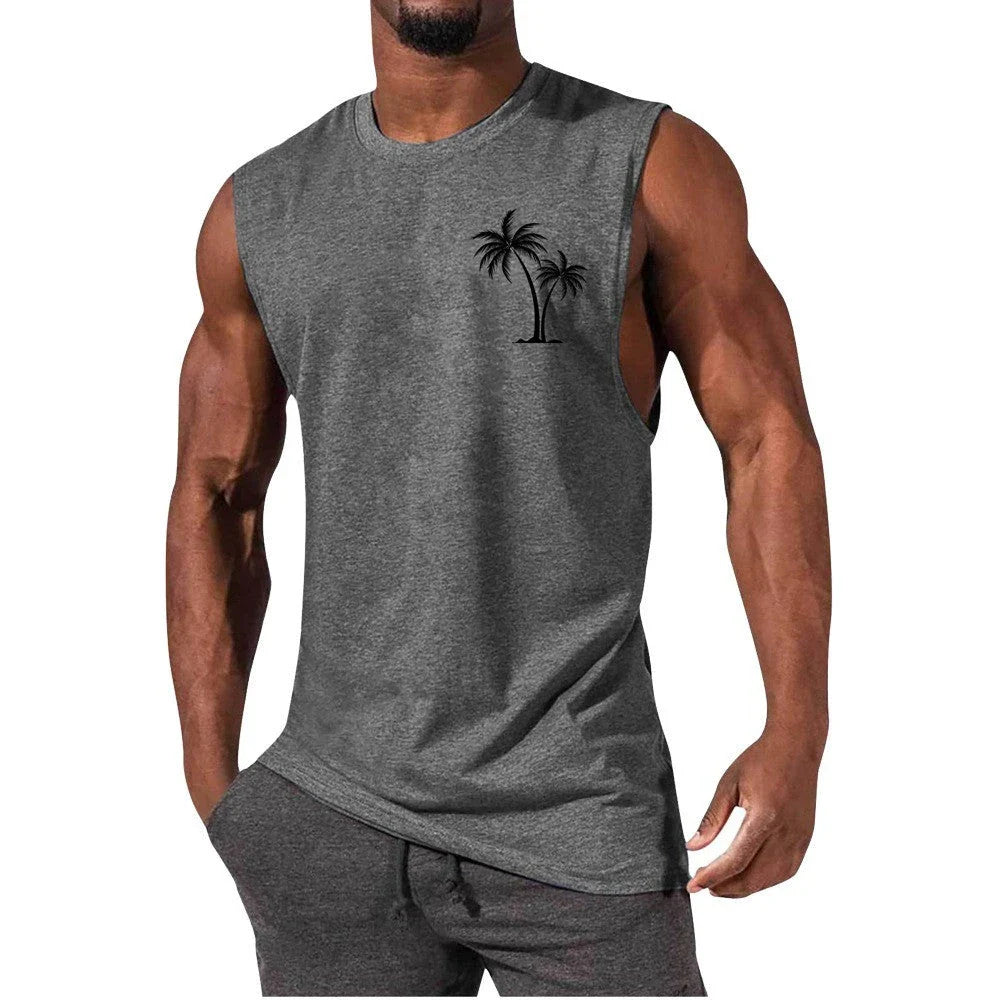 Tropical coconut tree print workout tank top for men, made with breathable, moisture-wicking fabrics for an active lifestyle.