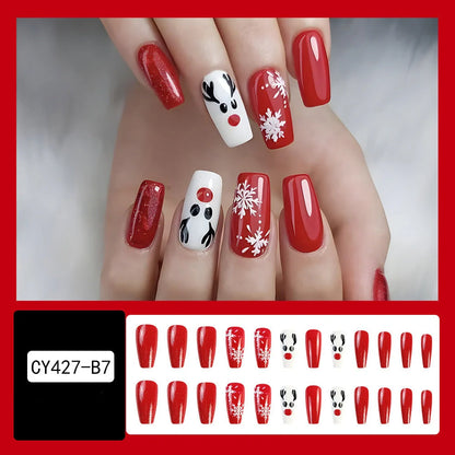 24pcs Christmas false nails with hat striped snowflake design for holiday parties