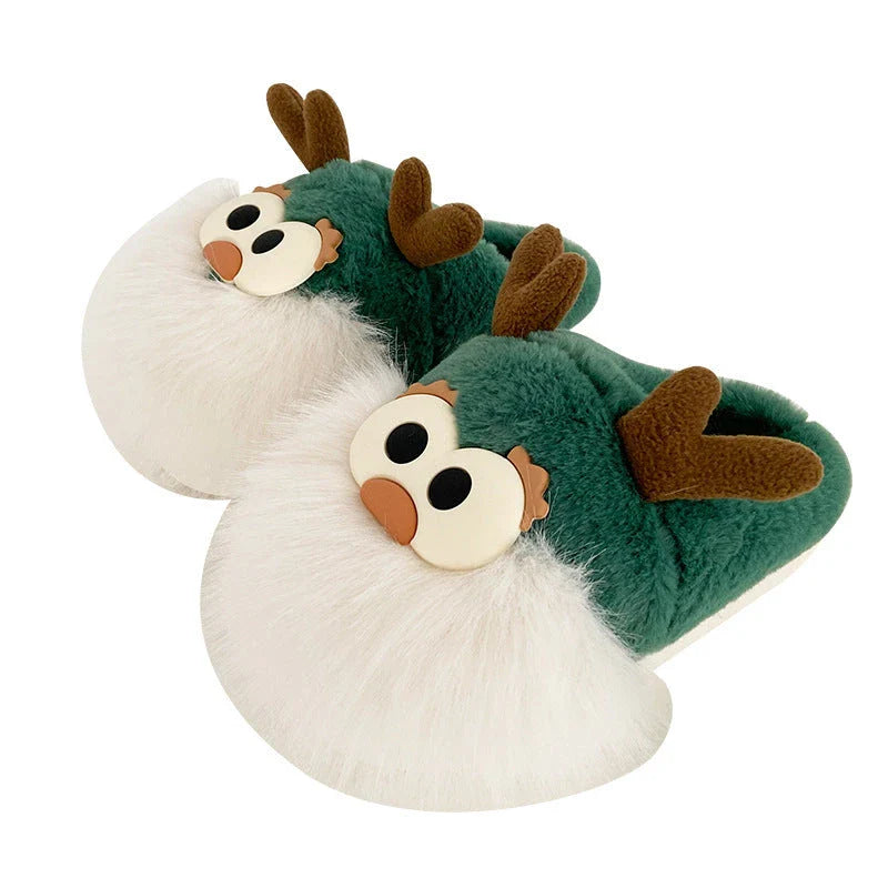 Cozy cartoon deer print slippers with plush lining and half-covered heel design for indoor comfort and warmth