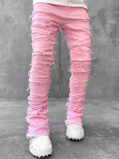 Stylish patched jeans with tight fit and stacked leg design in a variety of fashionable colors