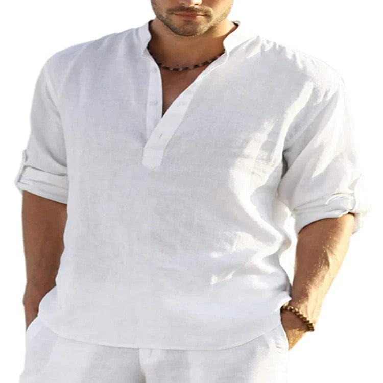 A stylish linen-blend men's casual shirt with a stand collar, button-down closure, and slim tailored fit