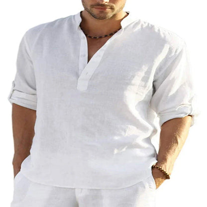 A stylish linen-blend men's casual shirt with a stand collar, button-down closure, and slim tailored fit