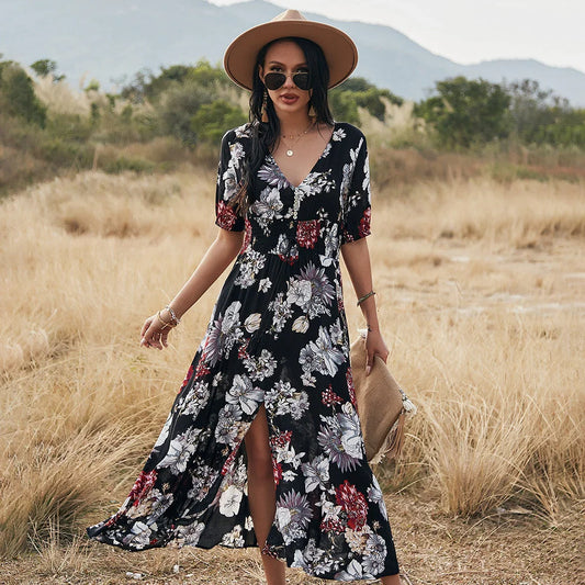 Floral summer beach dress with V-neck and elastic waist for women