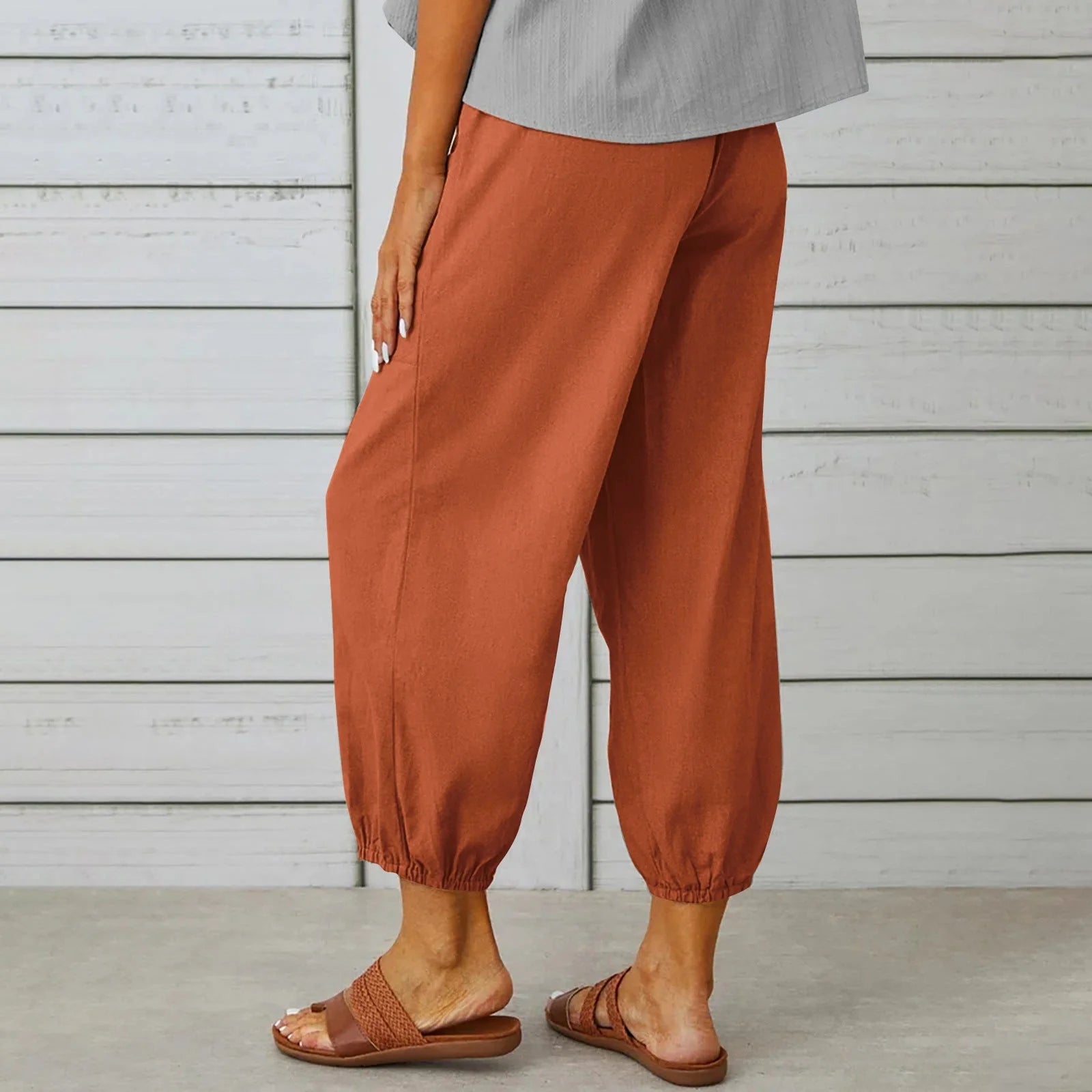 Women's cotton and linen drawstring tie pants with pockets, available in multiple colours and sizes.