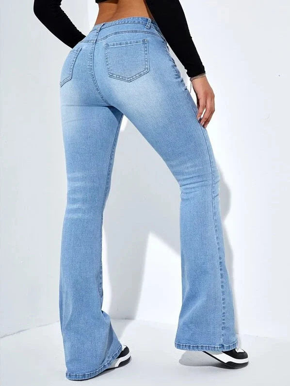 Women's high waist flared jeans in stretch cotton, available in navy and light blue