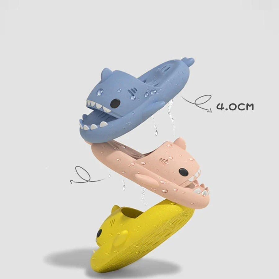 Fashionable shark-themed shower slides with drainage holes, featuring a realistic shark design, quick-drying EVA material, and non-slip traction.