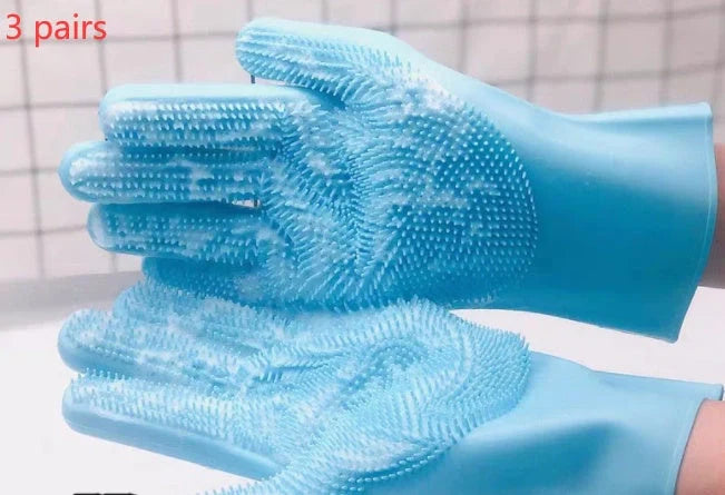 Silicone pet grooming glove in green and blue for small dogs and cats