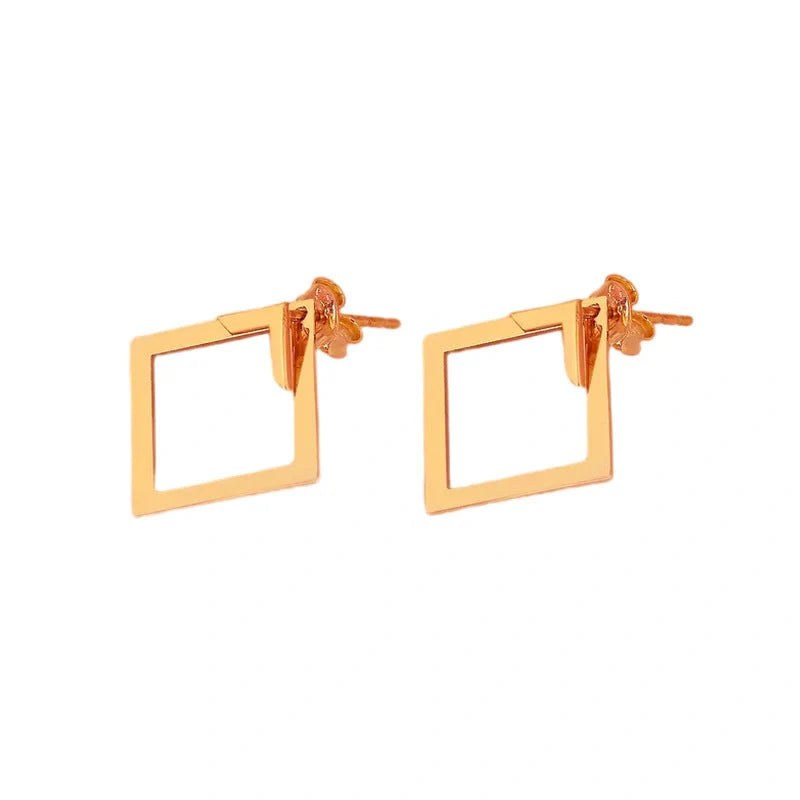 Stylish square geometric titanium steel earrings for women in gold, steel, and rose gold.