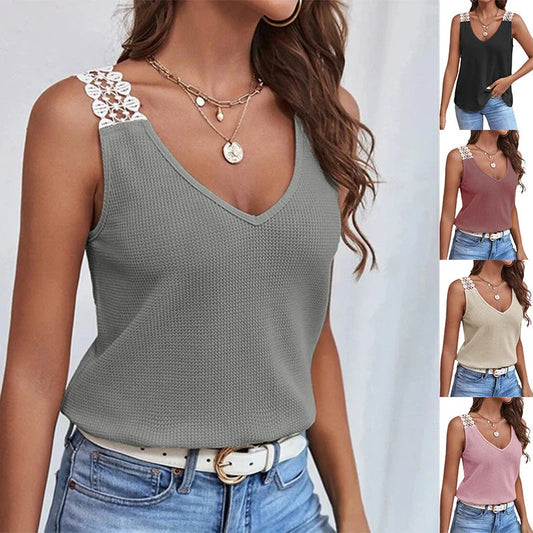 Waffle V-Neck Vest with lace detail, available in light grey, black, pink, brick red, and apricot