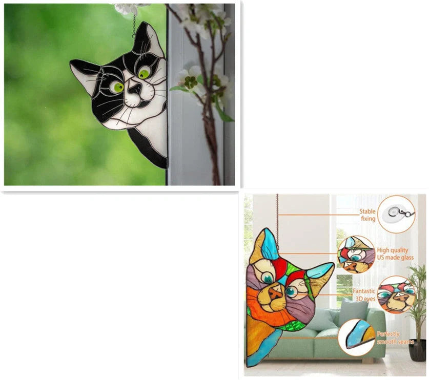 Colourful stained glass cat window hanger decoration, reusable PVC sticker