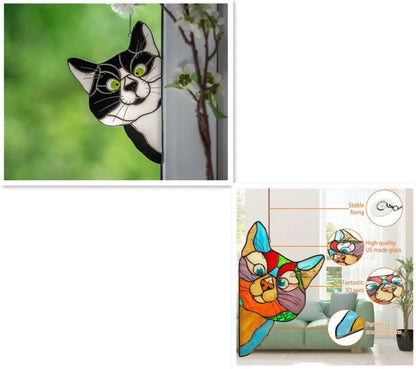 Colourful stained glass cat window hanger decoration, reusable PVC sticker