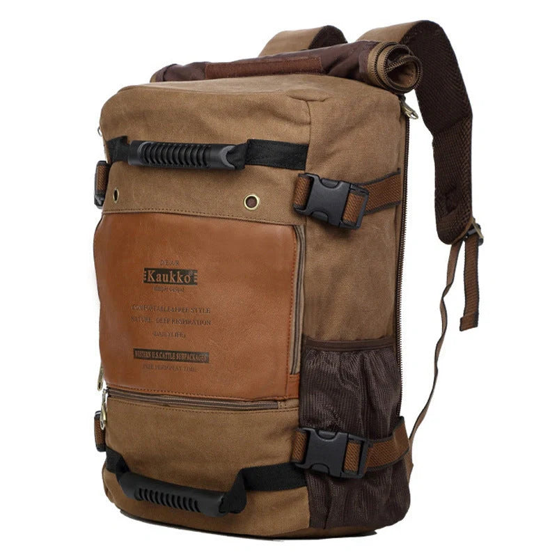 Men's canvas backpack with reinforced handle and multiple pockets