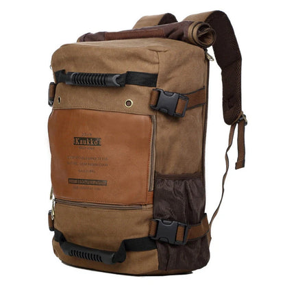 Men's canvas backpack with reinforced handle and multiple pockets