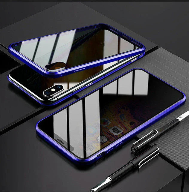 Sleek magnetic privacy phone case with tempered glass protection, compatible with various iPhone models