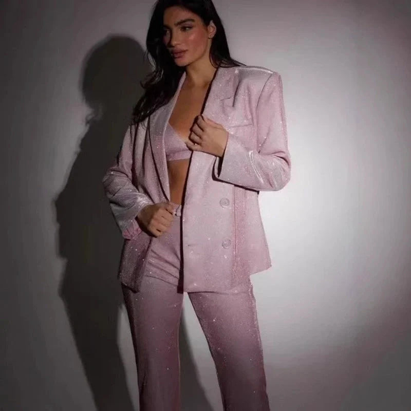 Women's 3-piece shiny suit set with bra lapel blazer and straight-leg trousers