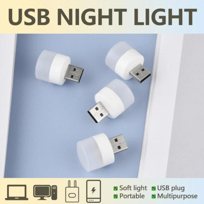 Compact USB LED night light with soft glow for reading and sleep