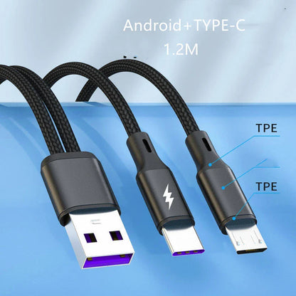 Versatile braided charging cable with simultaneous dual-device support for fast 5A charging