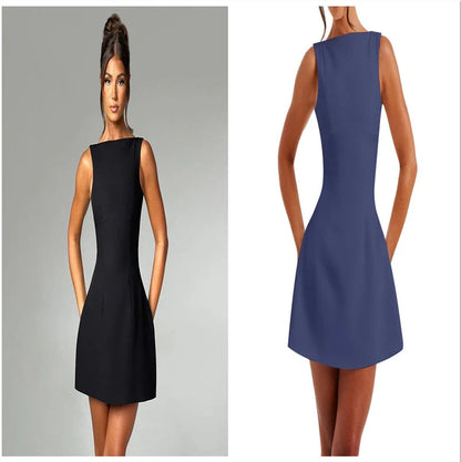 Chic backless summer dress with slim silhouette and sleeveless design, available in black, white, and red colors