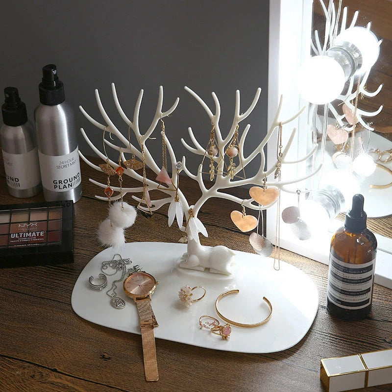 Deer Antler Jewelry Stand in white and black, displaying necklaces and earrings