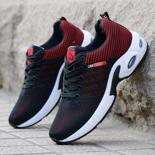 Men's breathable lace-up sports shoes in blue, black, grey, and black red
