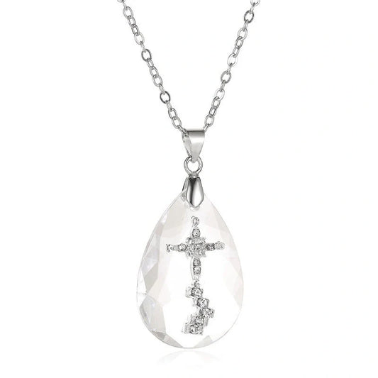 Elegant white drop pendant necklace with cross-chain design, made of premium electroplated alloy for a timeless and sophisticated look.