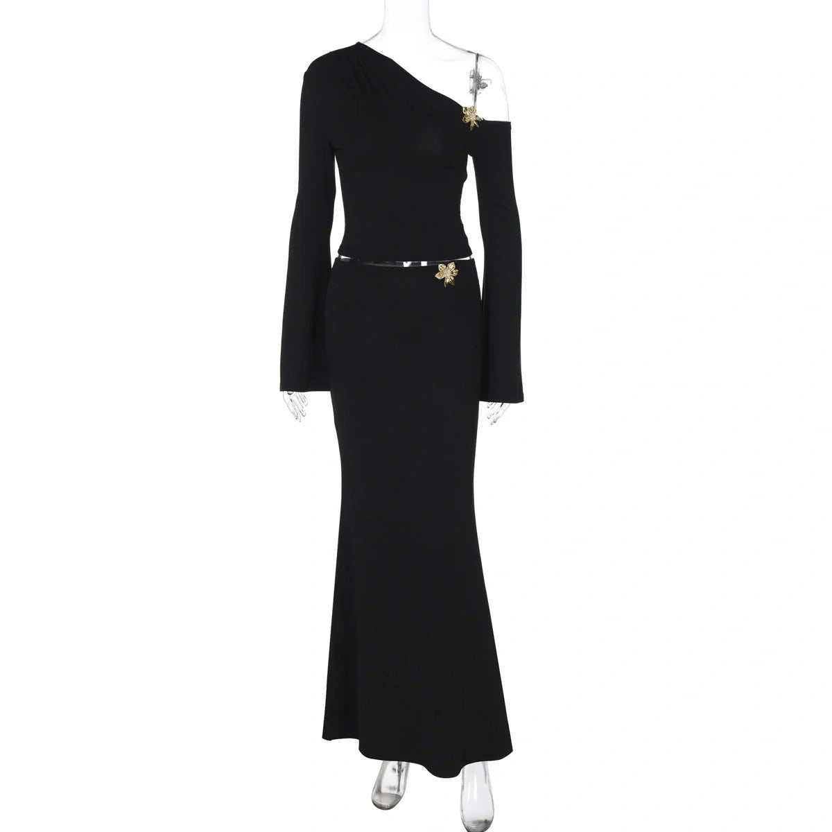 Women's black oblique shoulder skirt suit with floral bell sleeve top