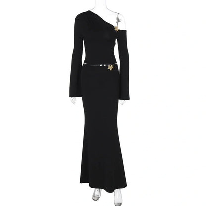 Women's black oblique shoulder skirt suit with floral bell sleeve top