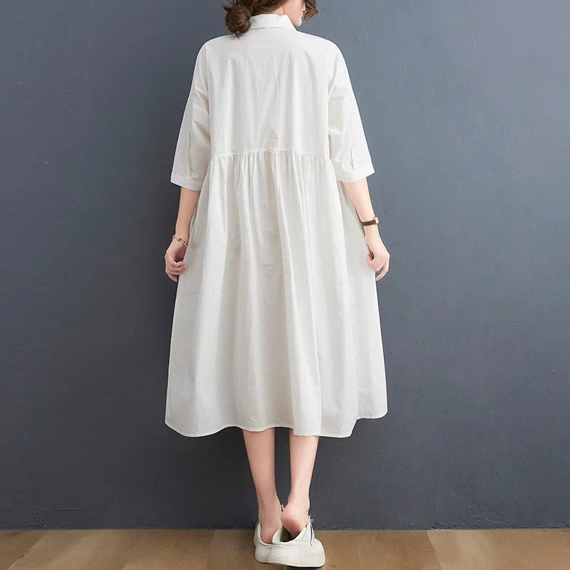 Casual linen short sleeve dress with polo collar in white and black