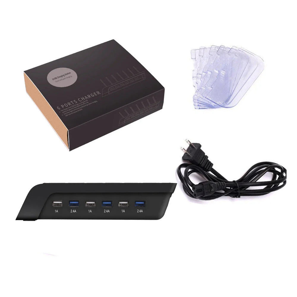 Premium 6-port USB charging hub with intelligent fast charging and charging status reminder, designed for UK smartphone users