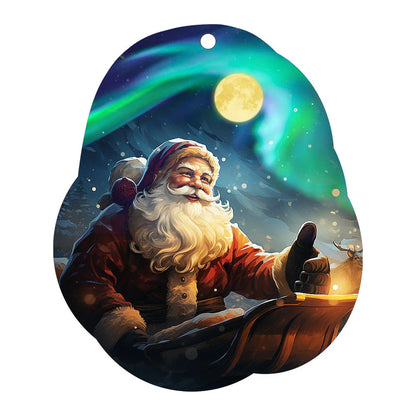Festive car ornament hanging from rearview mirror with Christmas designs