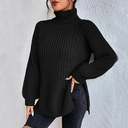 A stylish turtleneck pullover sweater with a unique split design, available in a variety of classic colours and sizes.