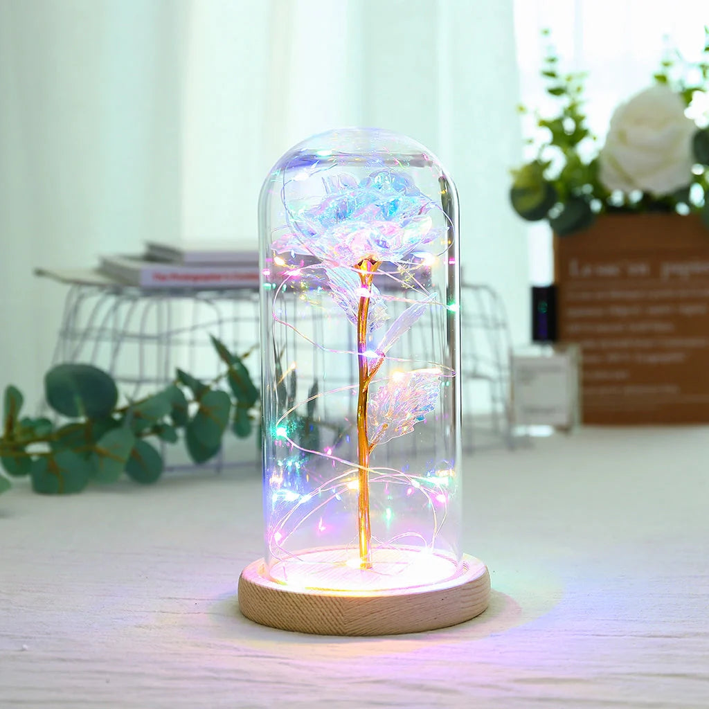 Enchanted Forever Rose in Glass LED Light decoration with realistic rose and wooden base