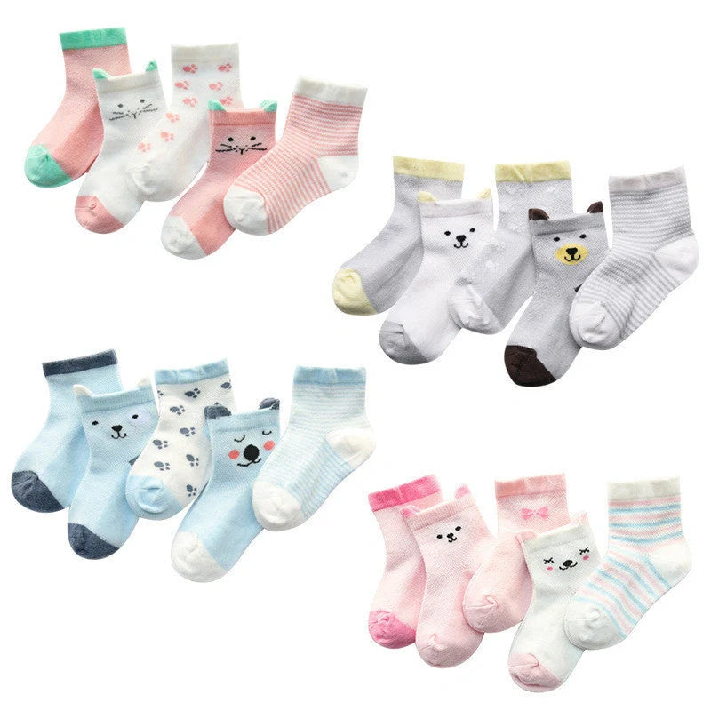 Pack of 5 children's breathable cotton socks in assorted colours, sizes S to L